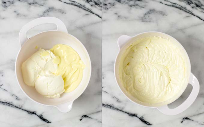 Before and after view of the creamy dip base being made in a large bowl.