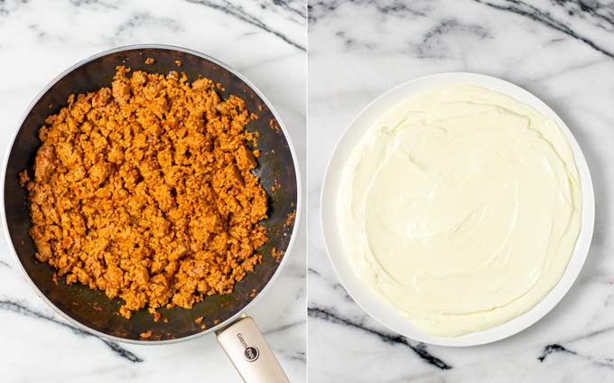 Side by side view of the Taco meat in a pan and the serving plate for the Taco Dip, covered in creamy dip.