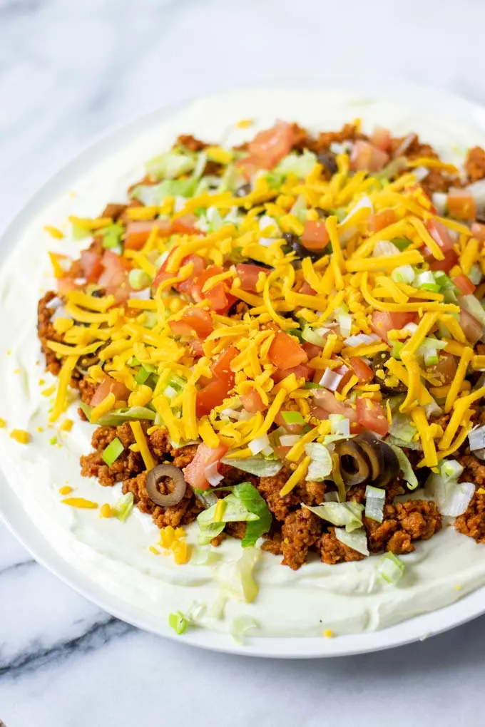 View of a large serving plate with the Taco Dip.