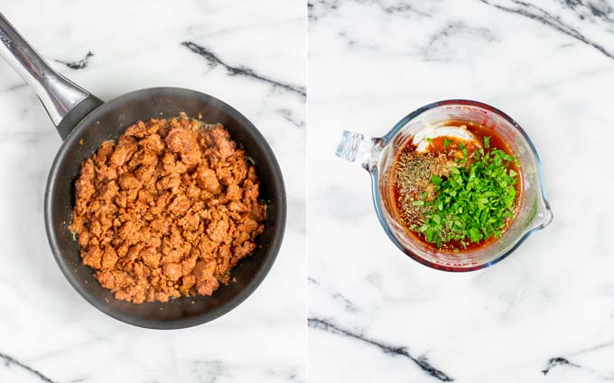 Side by side view of a pan with Taco meat and a small jar with the ingredients of the salad dressing.