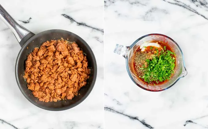 Side by side view of a pan with Taco meat and a small jar with the ingredients of the salad dressing.