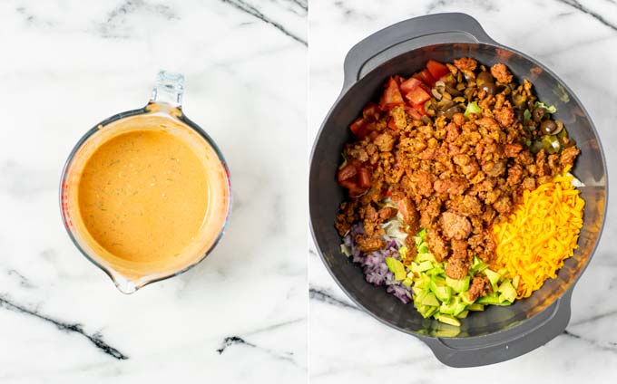 Side by side view of the mixed dressing and a large mixing bowl with the remaining salad ingredients.