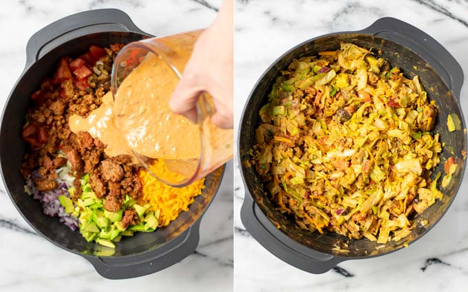 Showing side by side how the dressing is mixed with the Taco Salad.