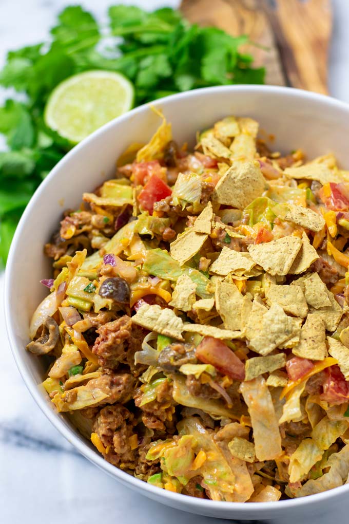 Closeup view of the Taco Salad in a large bowl.