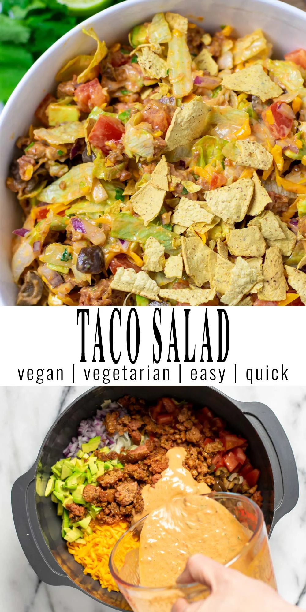 Collage of two pictures of the Taco Salad with recipe title text.