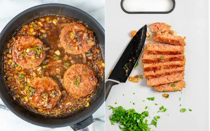 Side by side view of the marinated steaks being fried and then cut in small slices.