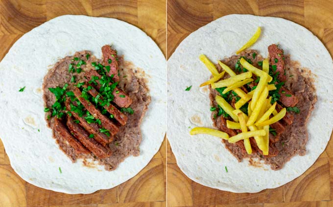 Step by step pictures showing the filling of the California Burritos, starting with refried beans, vegan steak slices and fries.