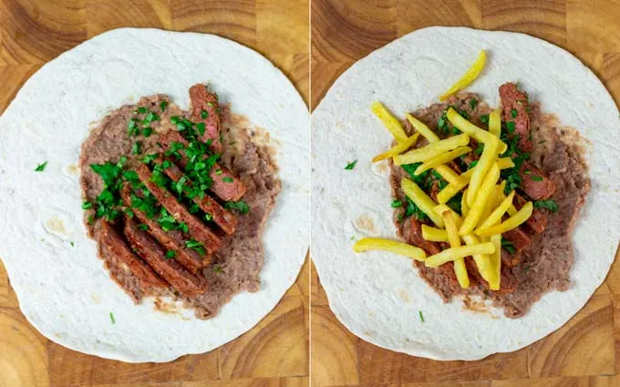 Step by step pictures showing the filling of the California Burritos, starting with refried beans, vegan steak slices and fries.