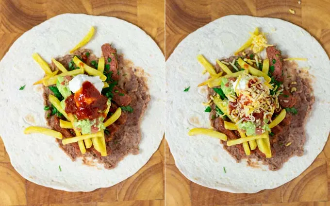 Showing the filling of the California Burritos with toppings.