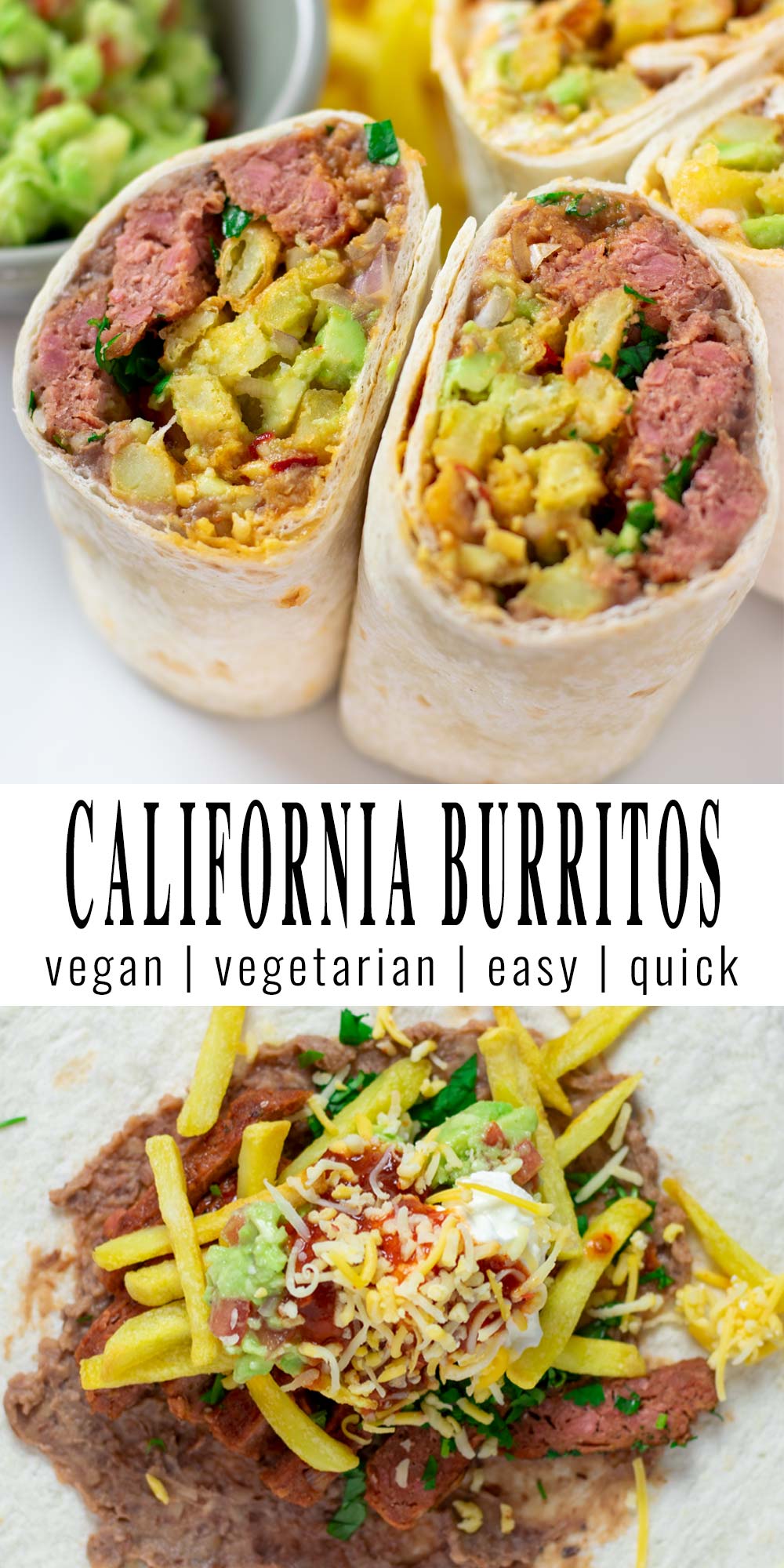 Collage of two pictures of the California Burritos with recipe title text.