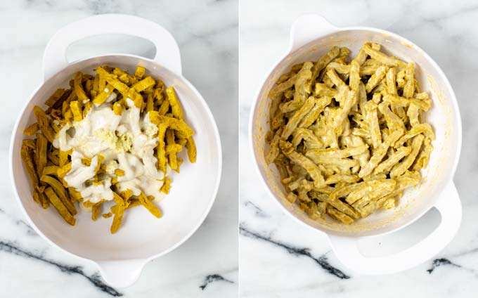 Side by side view of a large mixing bowl showing how vegan chicken is marinated in dairy-free yoghurt.