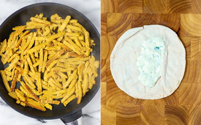 Side by side view showing the vegan chicken strips in pan, and the first step in assembling the gyro.