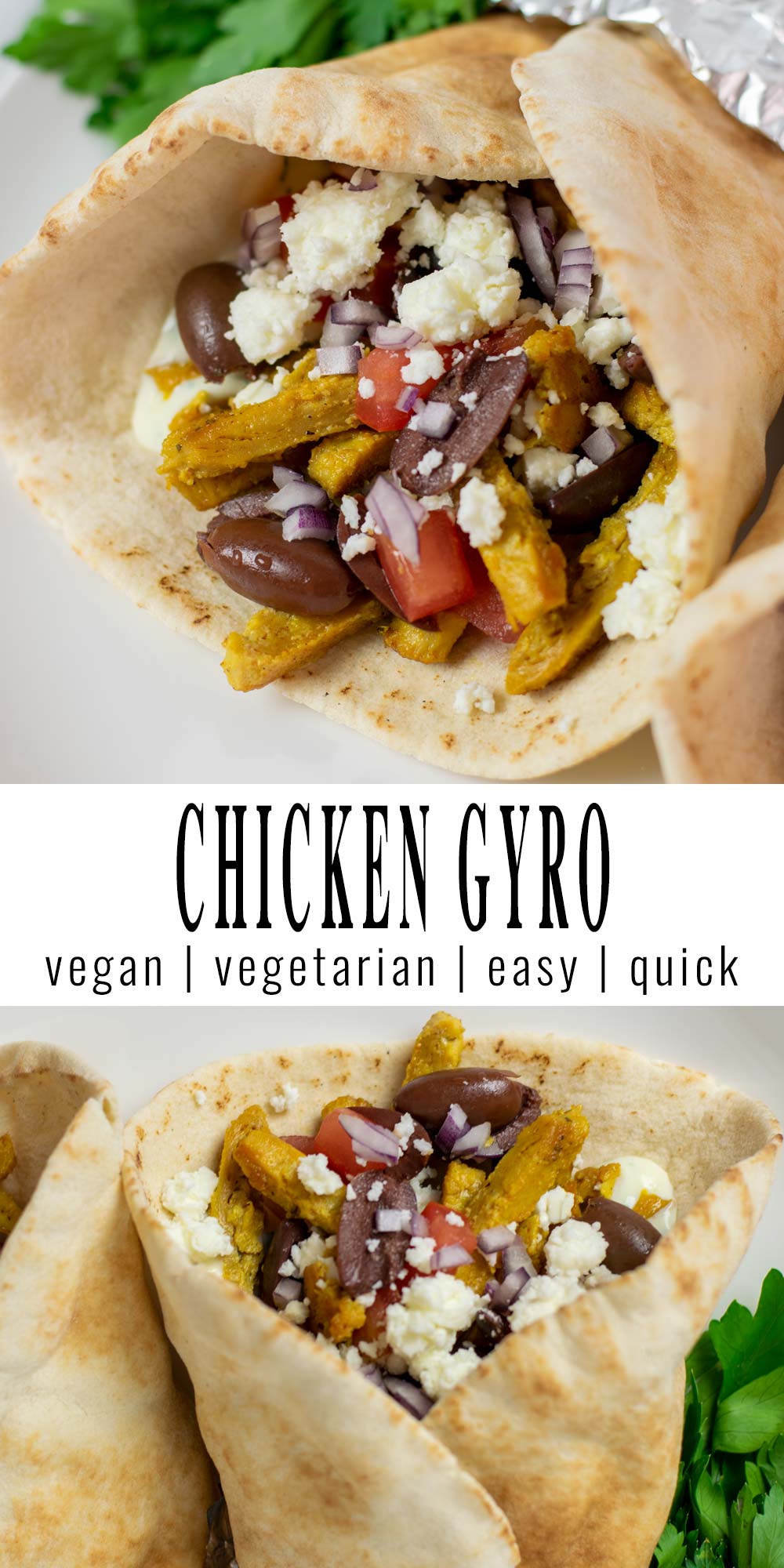 Collage of two pictures of the Chicken Gyro with recipe title text.