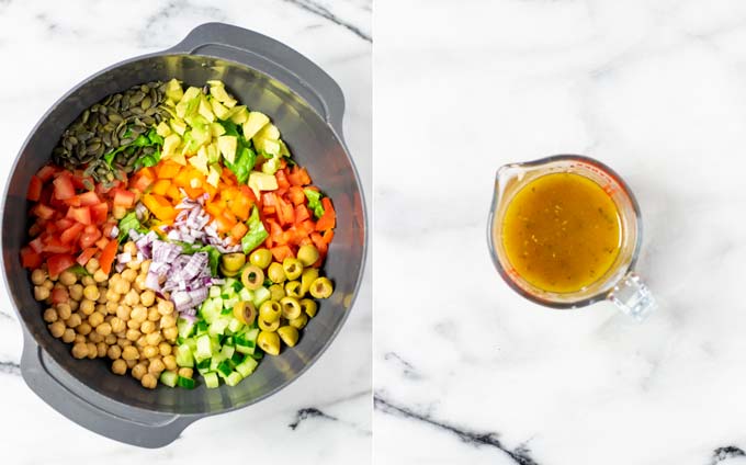 Side by side view of a large mixing bowl with all the salad ingredients and a small jar with the prepared vinaigrette.