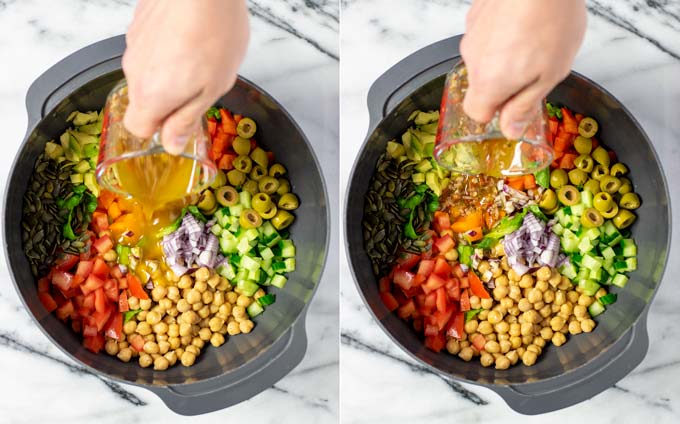 Side by side pictures showing how the vinaigrette is poured over the salad ingredients.