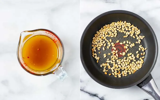 Side by side view of the vinaigrette and toasted pine nuts.