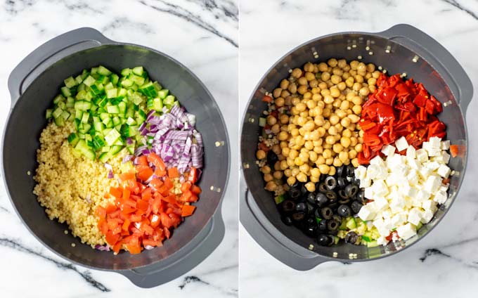 Showing step by step pictures of giving the salad ingredients into a large mixing bowl.