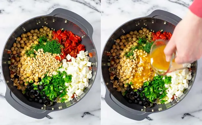Shows how the prepared vinaigrette is poured over the other ingredients in a large mixing bowl.