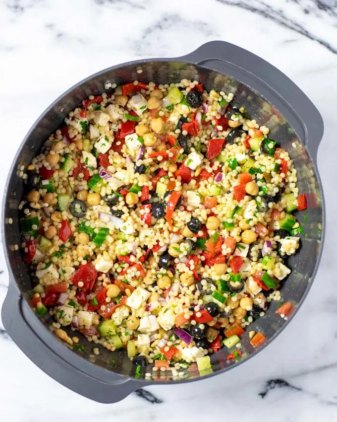 Top view of the large mixing bowl with the Couscous Salad.
