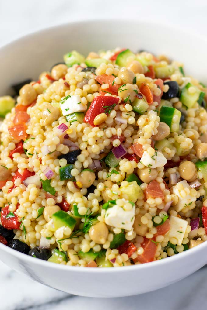 Closeup view from the side on a big portion of the Couscous Salad.