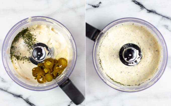 Showing how jalapeño slices are added to the base sauce in the food processor and after pulsing.