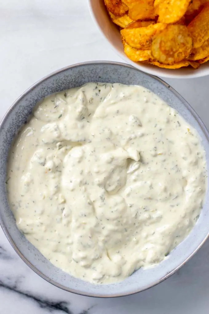 Top view on a bowl with creamy Jalapeño sauce.