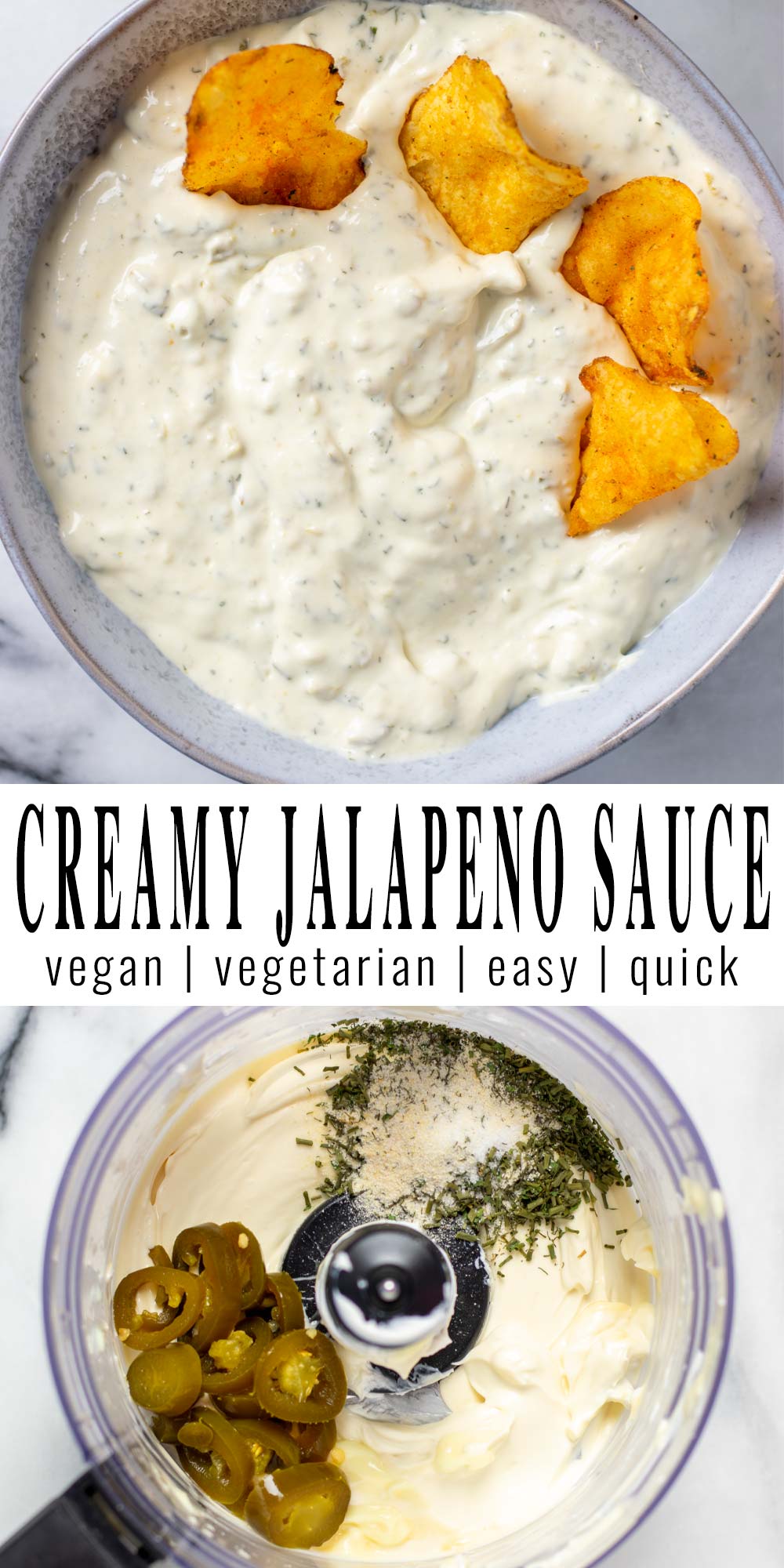 Collage of two pictures of the Creamy Jalapeño Sauce with recipe title text.