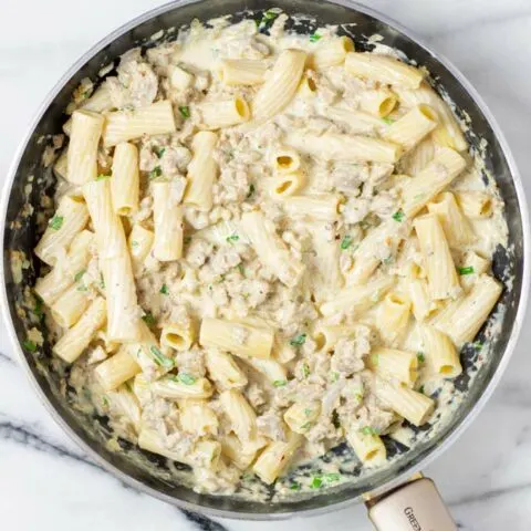 Top view of the finished Sausage Pasta dish in the pan.