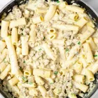 Another top view on a large pan with the ready Sausage Pasta.