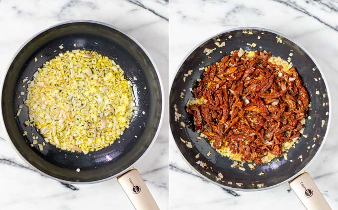 Side by side view of a frying pan, showing how first onions are fried and then sun dried tomatoes added.