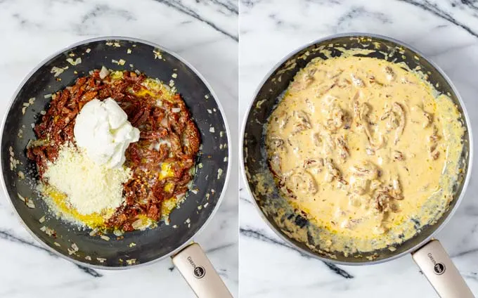 Side by side view showing how vegan creme cheese is added to a pan and mixed with other ingredients.