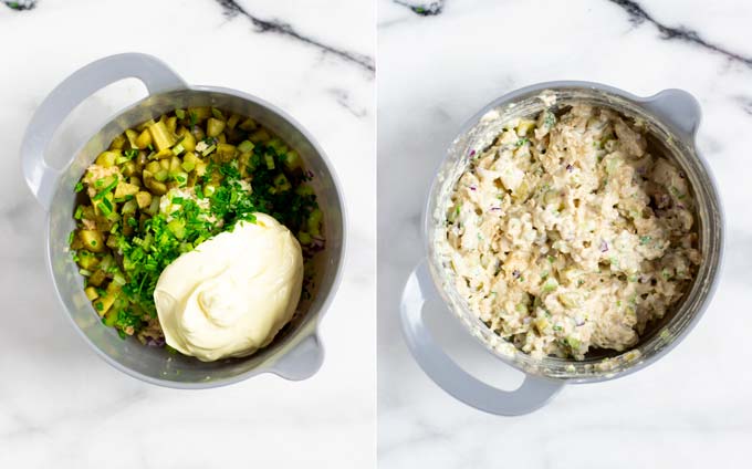 Side by side view of a mixing bowl with the Tuna Salad ingredients before and after mixing.