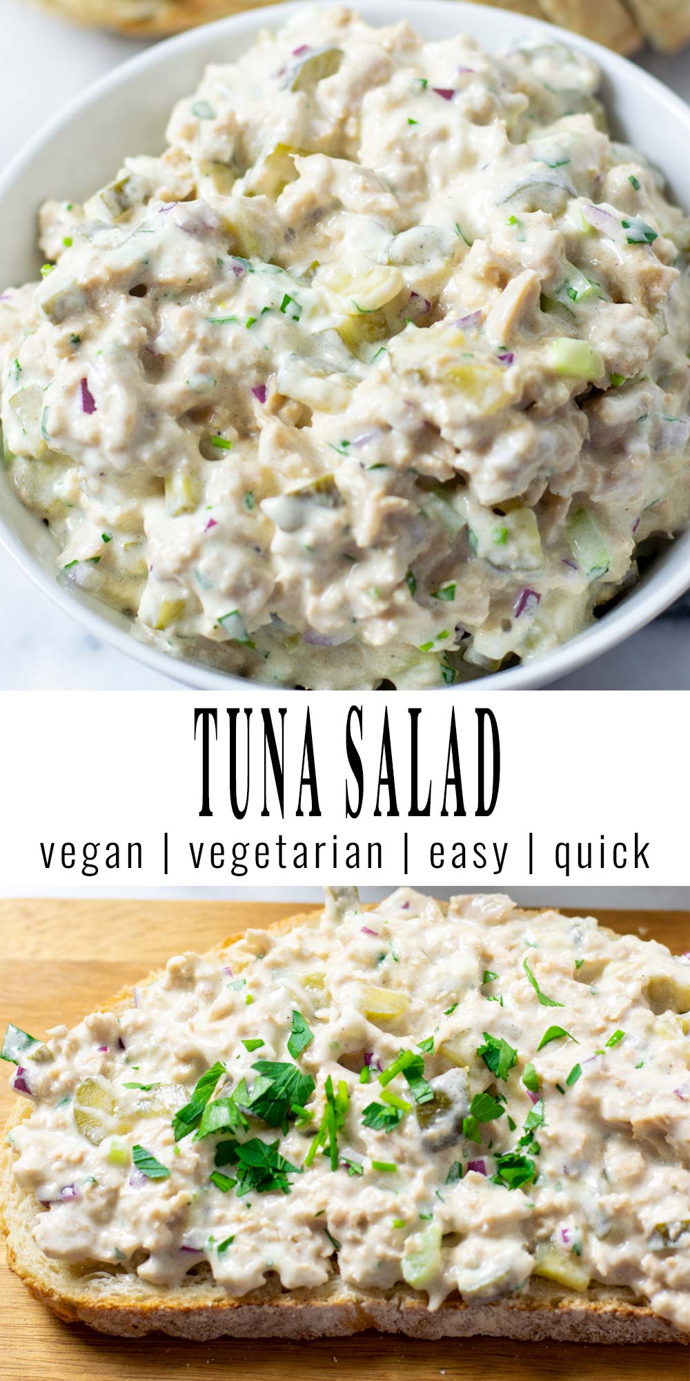 Collage of two pictures of the vegan Tuna Salad with recipe title text.