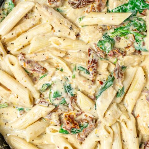 Closeup view of the Tuscan Chicken Pasta.