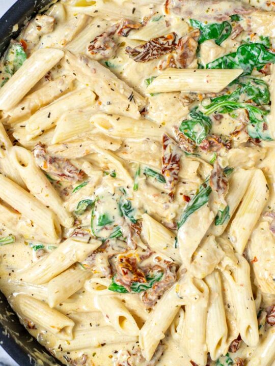 Closeup view of the Tuscan Chicken Pasta.