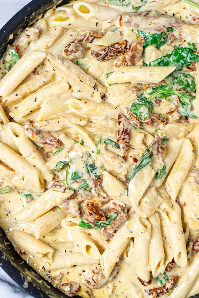 Closeup view of the Tuscan Chicken Pasta.