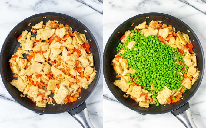 Side by side view of a frying pan in which the vegan chicken is prepared together with onions, bell pepper and peas.