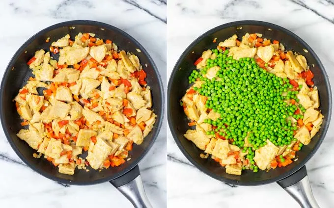 Side by side view of a frying pan in which the vegan chicken is prepared together with onions, bell pepper and peas.