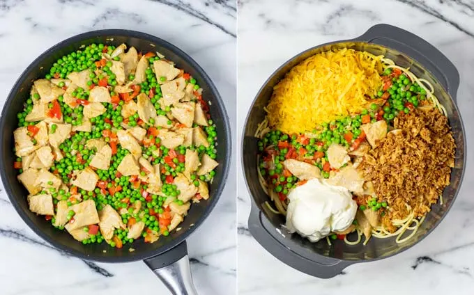 Side by side view of a pan with the refried chicken mixture and a large mixing bowl with all ingredients for the Chicken Spaghetti.