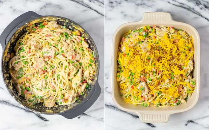 Side by side view of a large mixing bowl with the mixed Chicken Spaghetti and a casserole dish, garnished with fried onions and vegan cheese.