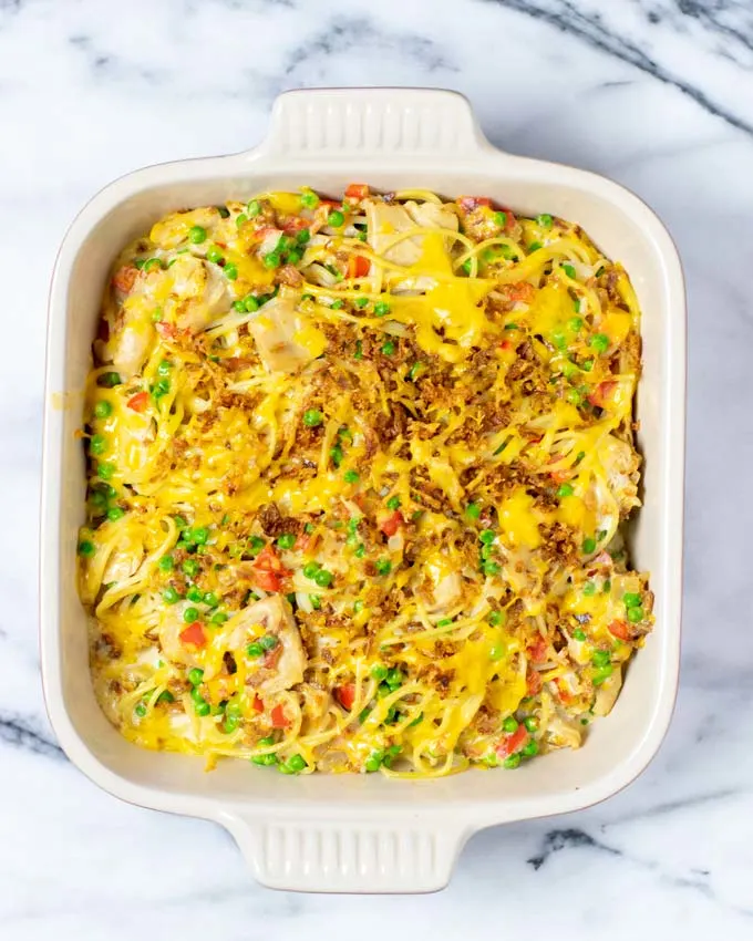 Top view of the Chicken Spaghetti Casserole after baking.