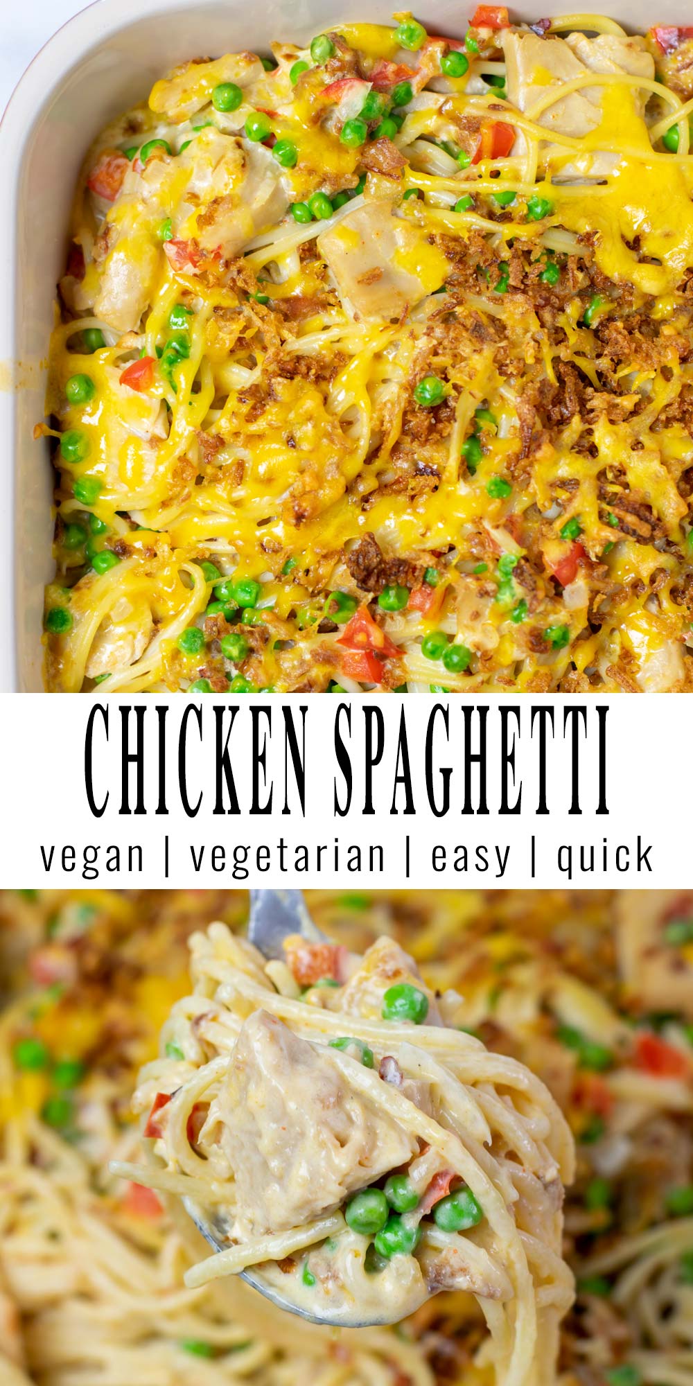 Collage of two pictures of the Chicken Spaghetti with recipe title text.