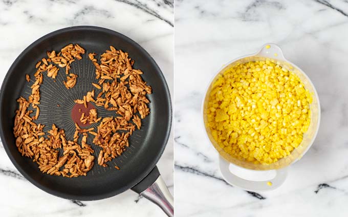 Top view on a pan in which vegan bacon is pre-fried and a bowl with corn kernels.