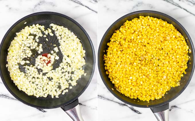 Side by side top view on a pan which fried onion dices and corn.