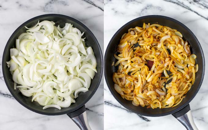 Large portion of onions in a large pan before and after caramelizing.