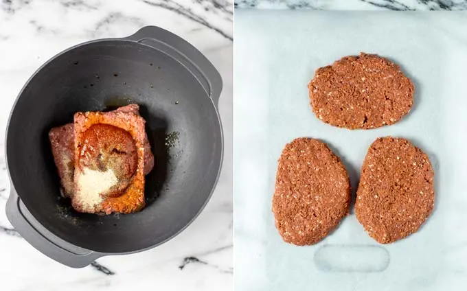 Side by side view of a large mixing bowl with the ingredients for the patties and three patties formed after mixing.