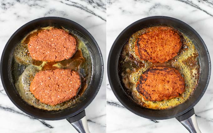Double view of a frying pan with the vegan patties before and after cooking.