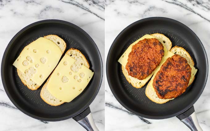 Showing the first assembly steps for the Patty Melt: bread and Swiss cheese, then patties.