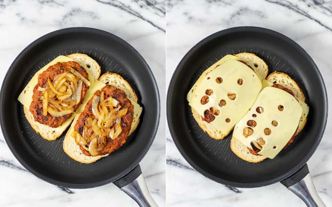 Side by side view showing how the caramelized onions and more vegan cheese is given on the Patty Melt.