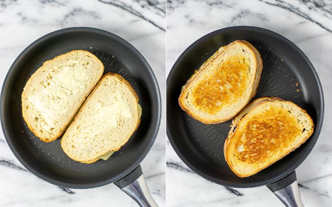 Side by side view of the Patty Melt in a pan, before and after baking from both sides.